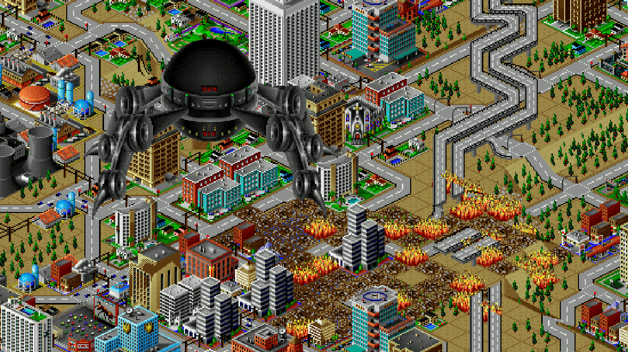 The iconic black Simcity 2000 spider alien destroys a city