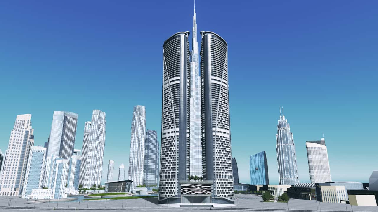 A futuristic skyscraper towers over a modern city