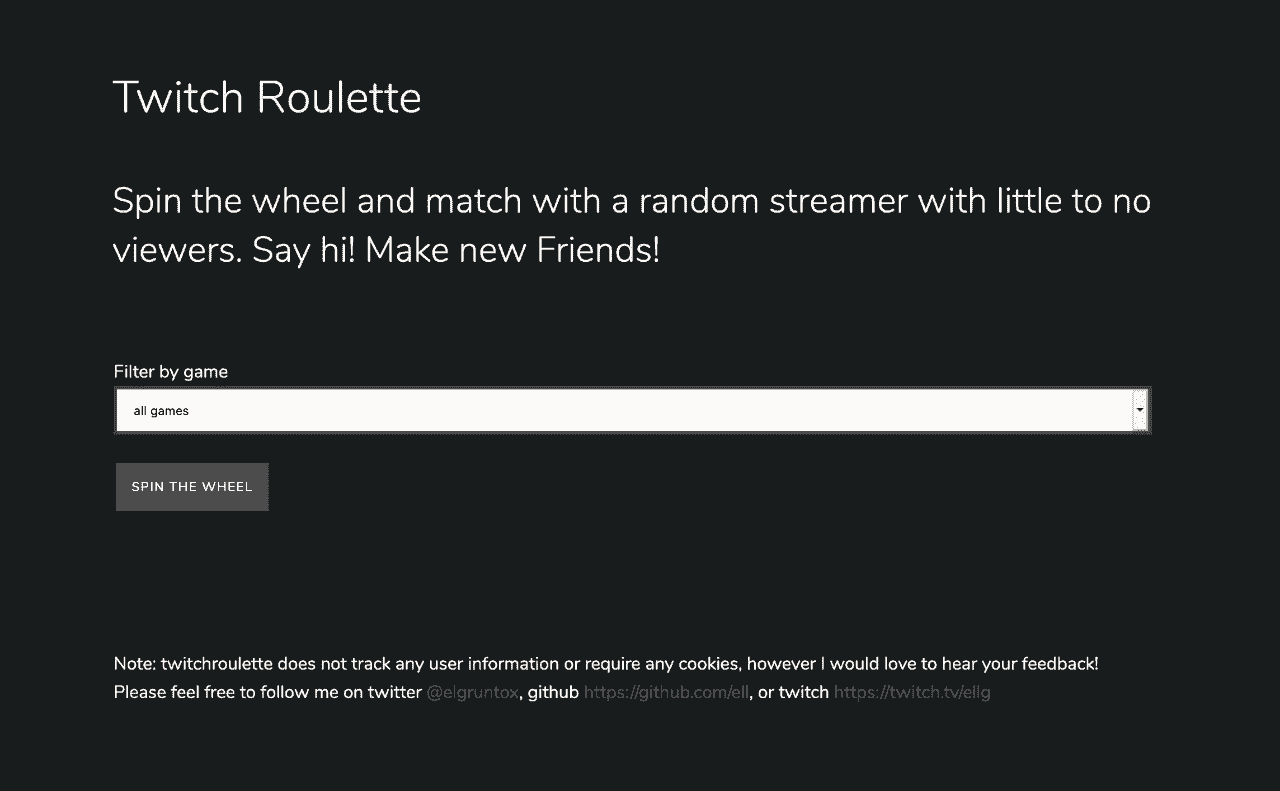 The Twitch Roulette homepage